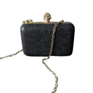 Small Black Hardside Purse with Skull and Rhinestone Closure and Chain Strap